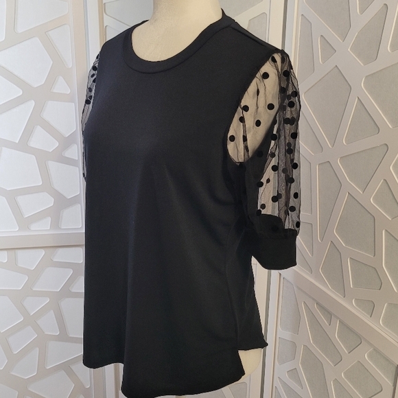 Alison Andrews Women's Black Mesh Polka Dot Sleeve Shirt Size Medium - Picture 2 of 10
